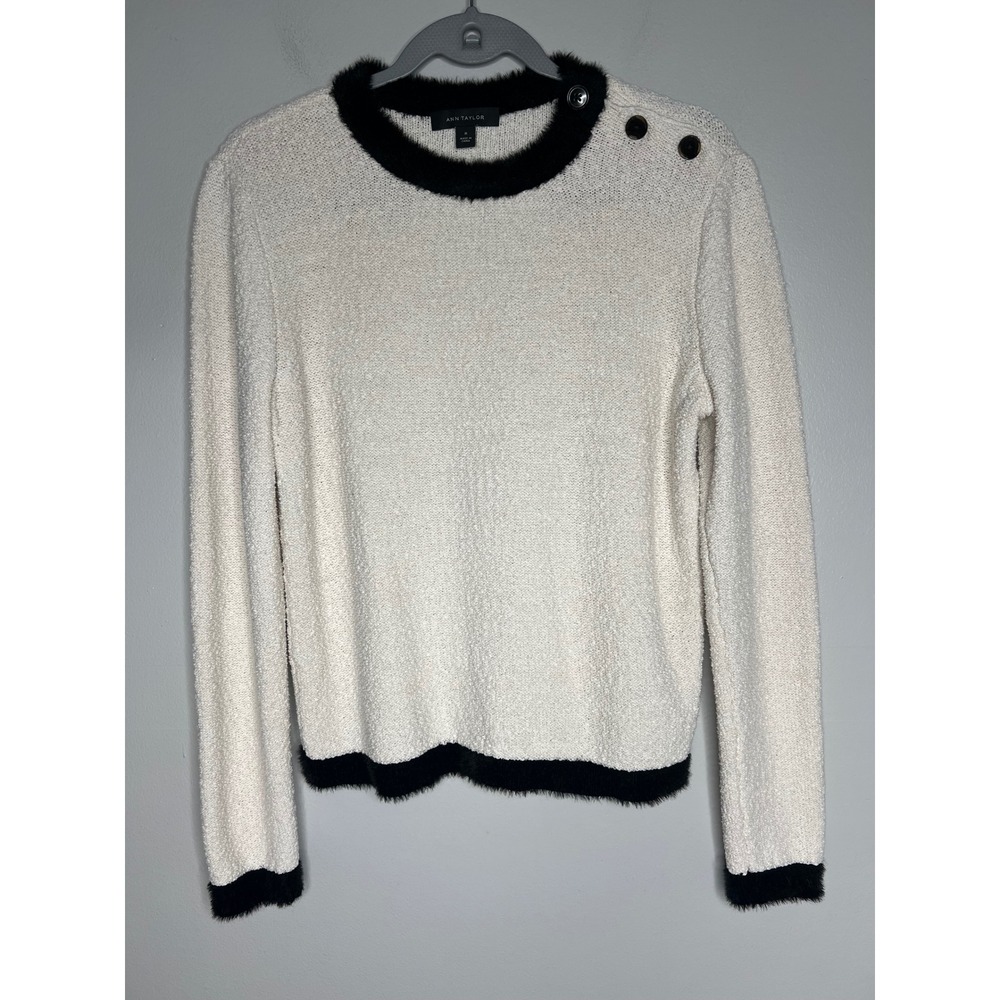 Ann Taylor Ivory Textured Sweater Black Fuzzy Trim Statement Sweater Size Medium